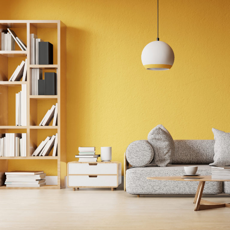 Interior poster mock up living room with colorful white sofa . 3