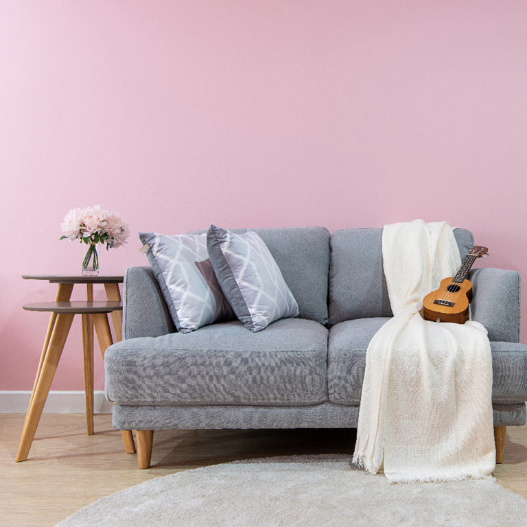Livingroom interior with grey velvet sofa on pink wall backgroun