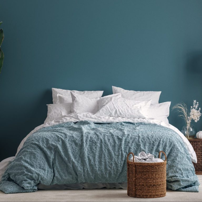 Dark blue bedroom interior background, 3d render