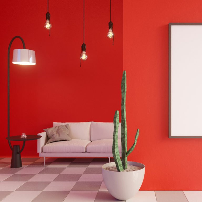 Horizontal poster mock up with frame, sofa, lamp and plants. 3d