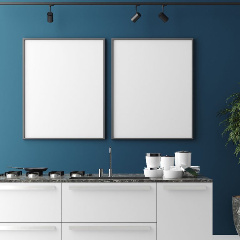 Mock up poster frame in contemporary kitchen interior, modern st