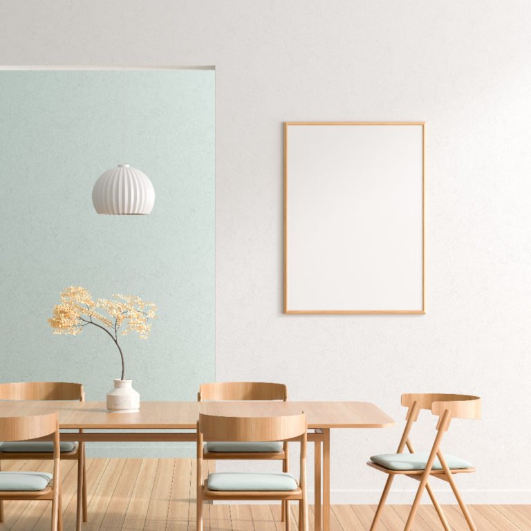 Mock up poster frame in spacious modern dining room with wooden